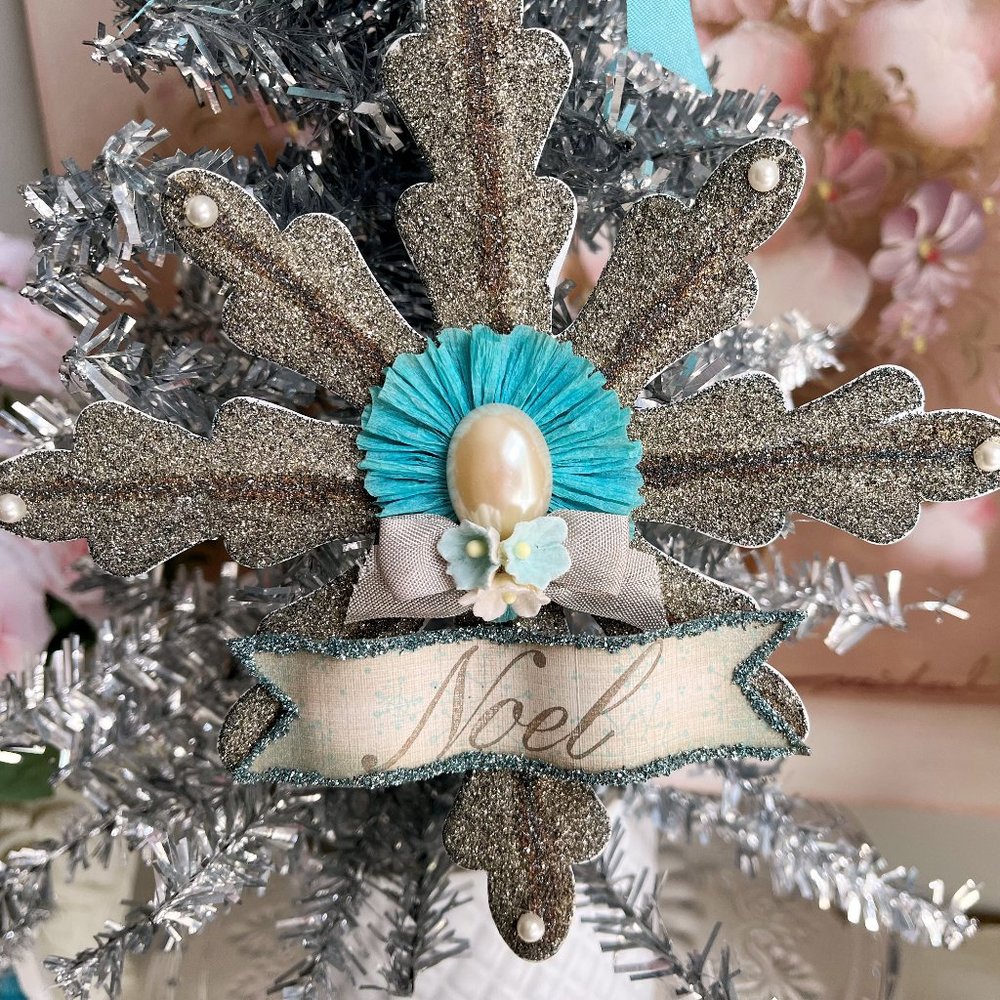 Antique Silver Vintage German Glass Glittered Snowflake jChristmas Ornament NOEL